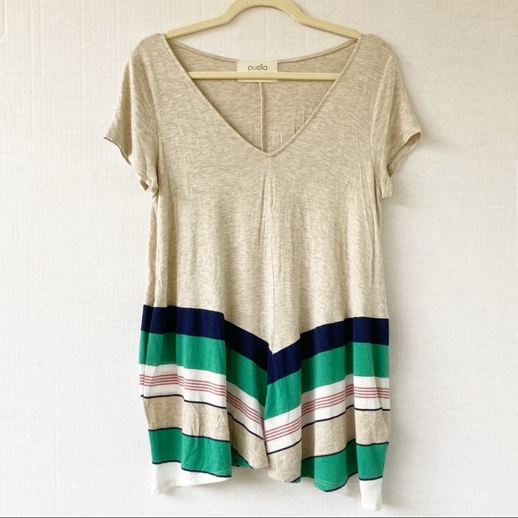 Anthro | Puella | Oatmeal Green Stripes Swing Top Size Medium M - Picture 2 of 6